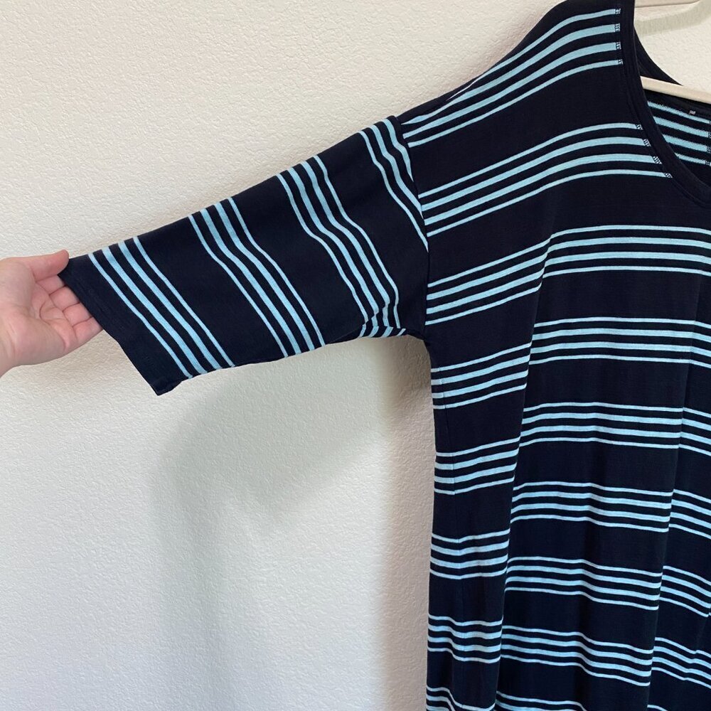 T By Talbots Terry Cotton Shift Dress Navy Stripe Button-Hem V-Neck - Picture 3 of 7